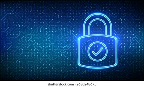 Ícone de cadeado. Cibersegurança e conceito de proteção de dados. Cadeado com ícone de marca de seleção. Segurança da rede. Ideia de privacidade das informações. Padrão da placa de circuito. Textura de circuito impresso PCB. Ilustração vetorial