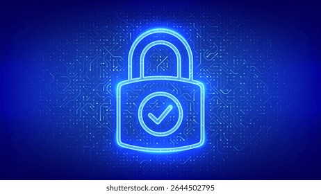 Ícone de cadeado. Cibersegurança e conceito de proteção de dados. Cadeado com ícone de marca de seleção. Segurança da rede. Ideia de privacidade das informações. Padrão da placa de circuito. Textura de circuito impresso PCB. Ilustração vetorial