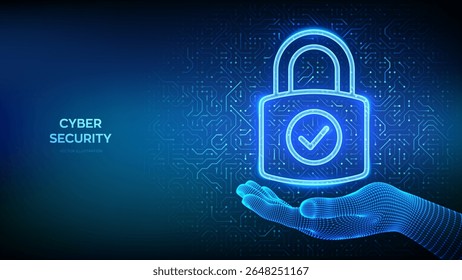 Ícone de cadeado. Cibersegurança. Proteção de dados. Cadeado com ícone de marca de seleção na mão do modelo de arame. Segurança da rede. Ideia de privacidade das informações. Padrão da placa de circuito. Textura de circuito impresso PCB. Vetor.