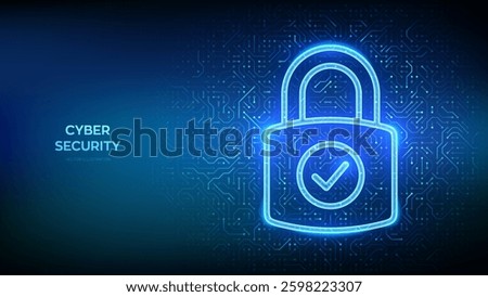 Padlock icon. Cybersecurity and data protection concept. Padlock with Check mark icon. Network safety. Information privacy idea. Circuit board pattern. PCB printed circuit texture. Vector illustration