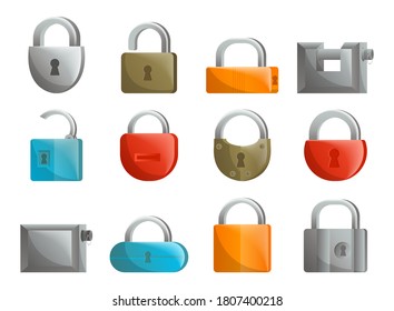 Padlock icon. Different type lock set isolated on white background. Vector opened closed, hanging or stationary padlock with keyhole icon set. Security protection, safety locking system illustration