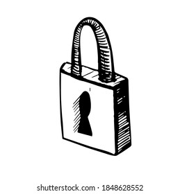 Padlock icon in doodle sketch lines. Safety, protection, guard Vector graphic castle for lovers. Outline castle for Valentine's Day. Symbol of eternal love on a white isolate. For cards, banners and