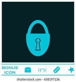 Padlock icon flat. Blue pictogram on dark background. Vector illustration symbol and bonus icons