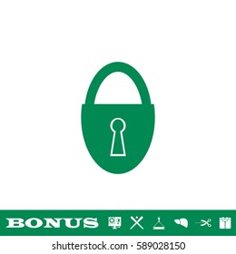 Padlock icon flat. Green pictogram on white background. Vector illustration symbol and bonus button
