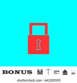 Padlock icon icon flat. Red pictogram on blue background. Vector illustration symbol and bonus buttons Music center, corkscrew, credit card, house, drum