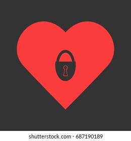 Padlock icon flat. Simple pictogram on heart background. Vector illustration symbol