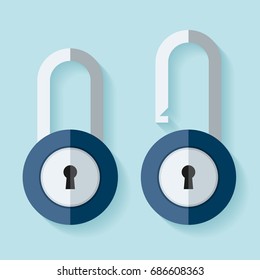 The padlock icon in flat style on color background. Open and closed lock. Element for you project. Vector design object