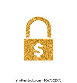 Padlock icon in gold glitter texture. Sparkle luxury style vector illustration.