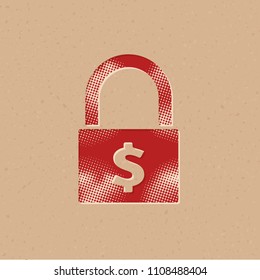 Padlock icon in halftone style. Grunge background vector illustration.