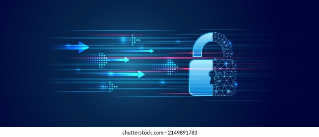 Padlock icon and internet technology networking connection. Cyber security internet and networking concept. Abstract futuristic arrows. Data protection privacy concept.