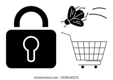 Icono de candado con ojo de cerradura junto a un insecto volador y un símbolo de Carrito de compras en blanco y negro. Ideal para el comercio electrónico de ciberseguridad, privacidad, control de insectos y compras. Diseño plano simplista