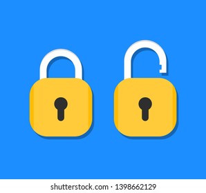 Padlock icon. Locked and unlocked. Closed and open lock in flat style.