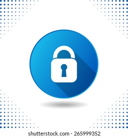 Padlock icon on blue round button flat design