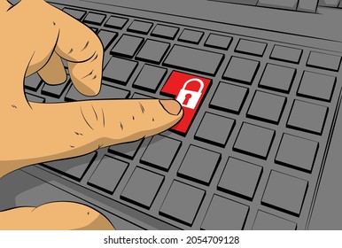 Icono de bloqueo en el teclado del equipo. El hombre empuja el teclado del teclado. Concepto de estilo de libro de historietas.