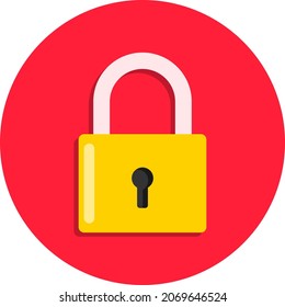 Padlock icon on a red background with a shadow behind. Padlock icon in yellow color in flat design. Cartoon illustration of a padlock for your design. Vector.