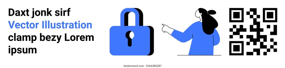 Padlock icon, person pointing, QR code, and placeholder text in modern design. Ideal for digital security, technology, privacy, identity verification, authentication. Landing page