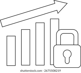 Vorhängeschloss-Symbol und aufsteigendes Graphensymbol auf weißem Hintergrund.mit schwarzen Linien