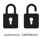 Padlock icon, security icon. Black locked unlocked padlock icon.