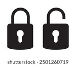 Padlock icon, security icon. Black locked unlocked padlock icon.