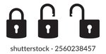 Padlock icon, security icon. Black locked unlocked padlock icon.