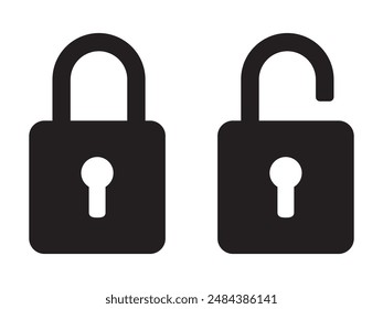 Padlock icon, security icon. Black locked unlocked padlock icon.