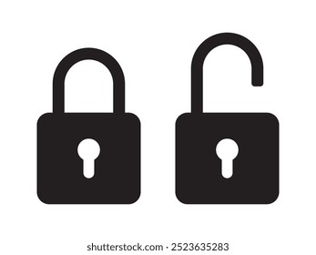 Icono de candado, icono de seguridad. Icono de candado desbloqueado bloqueado negro.