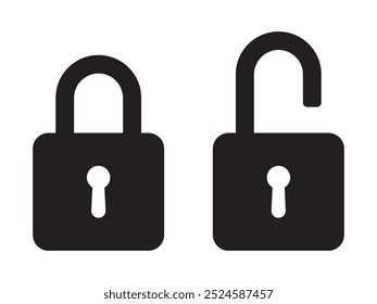 Padlock icon, security icon. Black locked unlocked padlock icon.