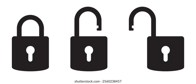 Padlock icon, security icon. Black locked unlocked padlock icon.