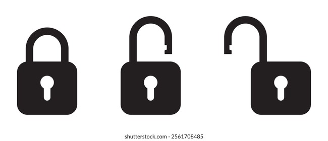 Padlock icon, security icon. Black locked unlocked padlock icon.