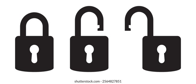 Padlock icon, security icon. Black locked and unlocked padlock icons.