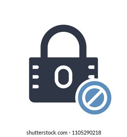 Padlock icon, security icon with not allowed sign. Padlock icon and block, forbidden, prohibit symbol. Vector illustration