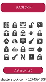  padlock icon set. 25 filled padlock icons. Simple modern icons about  - Lockers, Lock, Firewall, Unlock, Private message, Unlocked, Padlock, Key, Security, Pc cloud, Antivirus