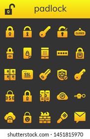 padlock icon set. 26 filled padlock icons.  Collection Of - Lock, Unlock, Key, Unlocked, Closed, Padlock, Locked, Password, Lockers, Ssl, Firewall, Door key, Pc cloud, Security