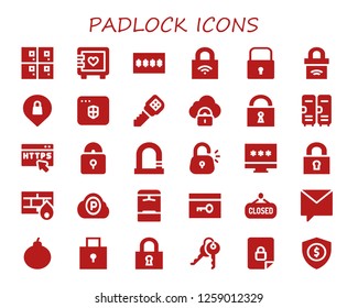  padlock icon set. 30 filled padlock icons. Simple modern icons about  - Lockers, Strongbox, Password, Lock, Padlock, Privacy, Antivirus, Key, Security, Https, Firewall, Pc cloud
