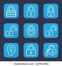 Padlock icon. set of 9 outline padlock icons such as lock, heart lock, keyhole in head