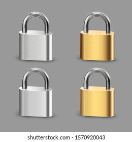 Padlock Icon Set, closed padlocks metal gold, silver. Vector 3d realistic style. Lock different steel texture for web and mobile Apps, protection privacy. Isolated on grey background