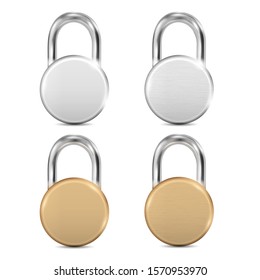 Padlock Icon Set, closed round padlocks metal gold, silver. Vector 3d realistic style. Lock different steel texture for web and mobile Apps, protection privacy. Isolated on grey background