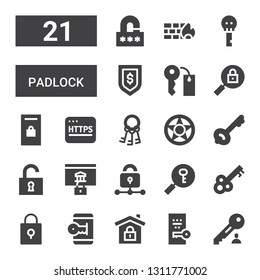 padlock icon set. Collection of 21 filled padlock icons included Key, Secure, Unlocked, Padlock, Password, Lock, Unlock, Data protection, Keys, Https, Locker, Firewall