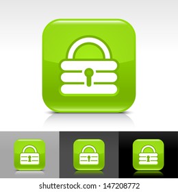 Padlock icon set. Green glossy web button with white sign. Rounded square shape with shadow, reflection on white, gray, black background. Vector illustration design element save in 8 eps 