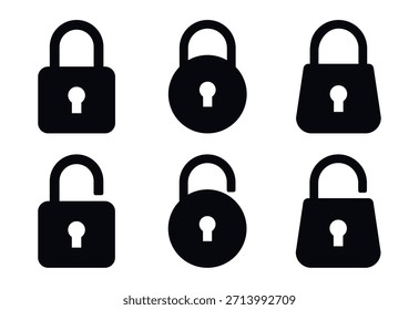 Conjunto de iconos de candado que muestra seis símbolos de candado sólido con diferentes Formas, adecuados para elementos visuales de seguridad, privacidad, Contraseña y protección en App, Sitios web e interfaces.