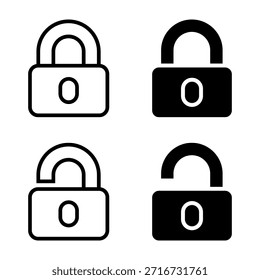 Conjunto de iconos de candado. Un conjunto de íconos de candado simples tanto en estados bloqueados como desbloqueados, adecuados para el diseño de Sitio web y App. Ilustración en blanco y negro de conceptos de seguridad y privacidad.