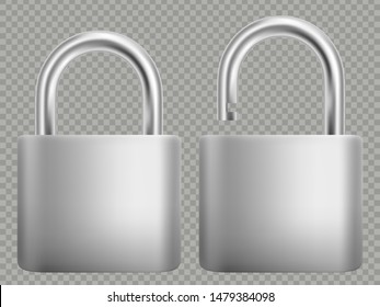 Padlock icon set. Steel and gold lock for protection privacy, web and mobile apps. Isoated on white background. Closed and open. Abstract concept graphic element. EPS 10