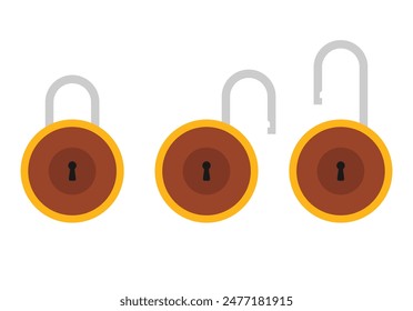 Vorhängeschloss-Symbol-Zeichen-Symbol flach, verschlossen und entsperrt, flache Design-Vektorillustration. Geöffnete und geschlossene Schlösser isoliert auf weißem Hintergrund