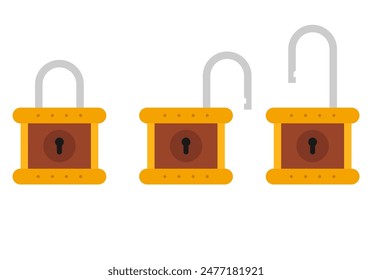 Padlock icon sign symbol flat, locked and unlocked, flat design vector illustration. Opened and closed locks isolated on white background