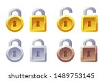 Padlock icon with square and round shape. Vector GUI Level Lock. Golden, silver and bronze padlocks.