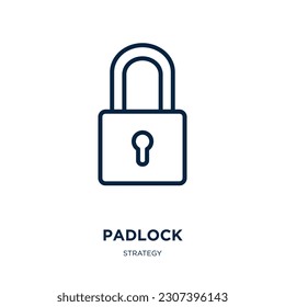 icono de candado de la colección de estrategias. Reloj lineal delgado, contraseña, icono de contorno de bloqueo aislado en fondo blanco. Señal de candado vectorial de línea, símbolo para web y móvil