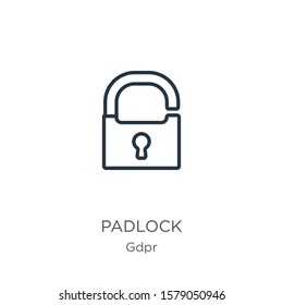 Padlock icon. Thin linear padlock outline icon isolated on white background from gdpr collection. Line vector sign, symbol for web and mobile