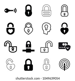 Padlock icons. set of 16 editable filled and outline padlock icons such as lock, heart lock, key, keyhole in head, card protection