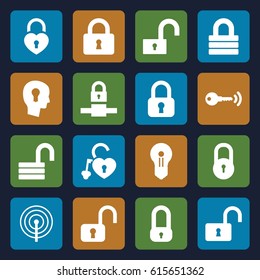 Padlock icons set. set of 16 padlock filled icons such as lock, opened lock, keyhole in head, key