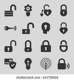 Padlock icons set. set of 16 padlock filled icons such as lock, opened lock, keyhole in head, key, keyhole, gear keyhole
